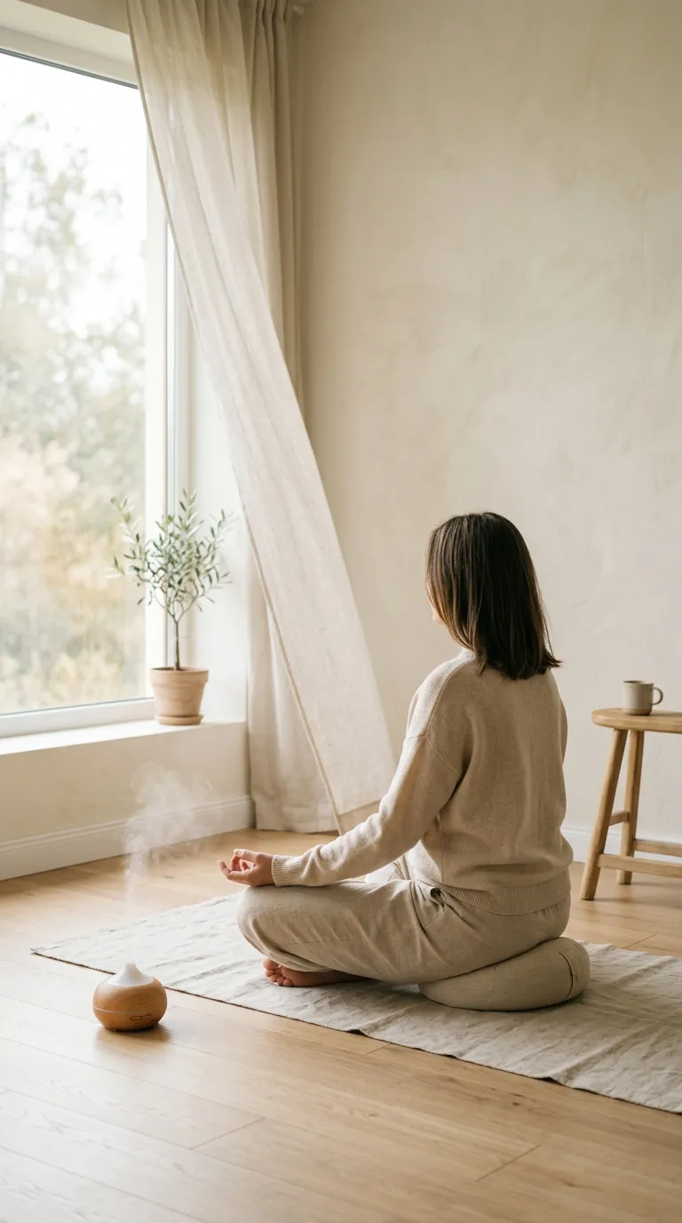 Calm nature scene with morning mist, evoking breath and stillness