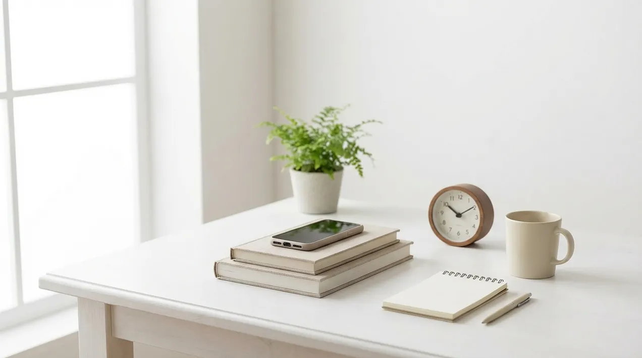 Peaceful minimalist interior with soft sunlight and plants