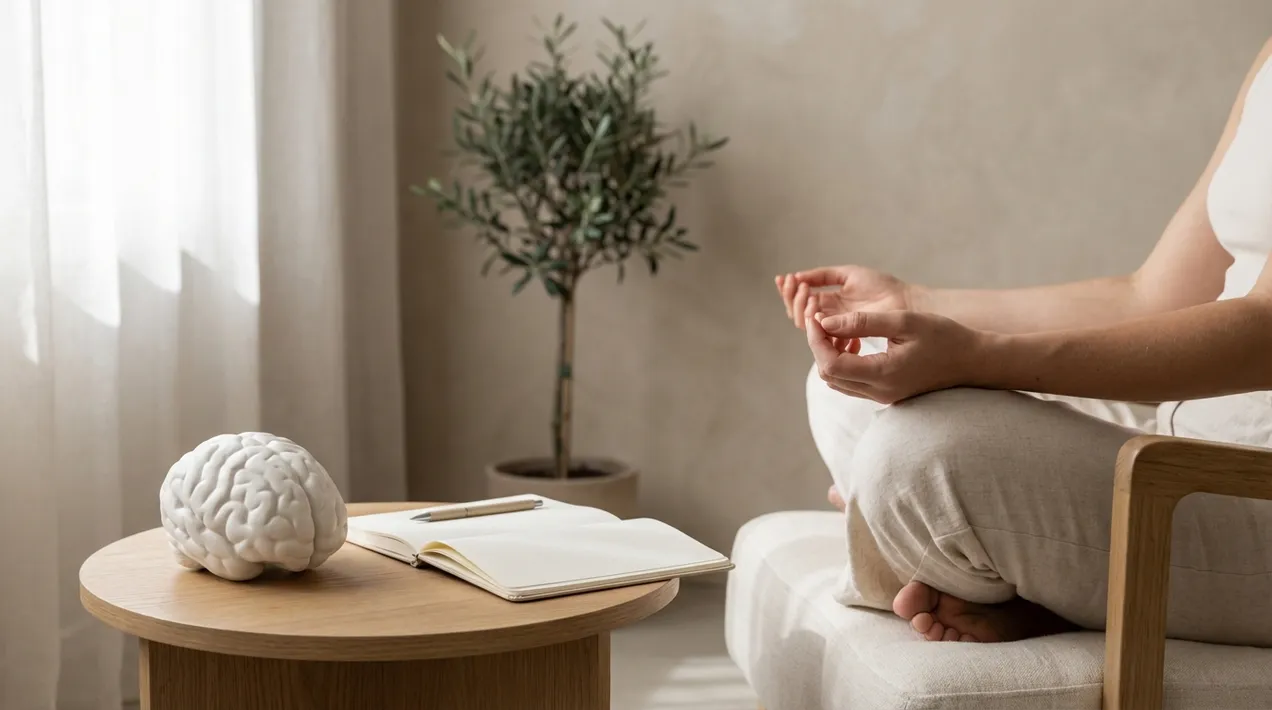 Person meditating calmly in a peaceful setting