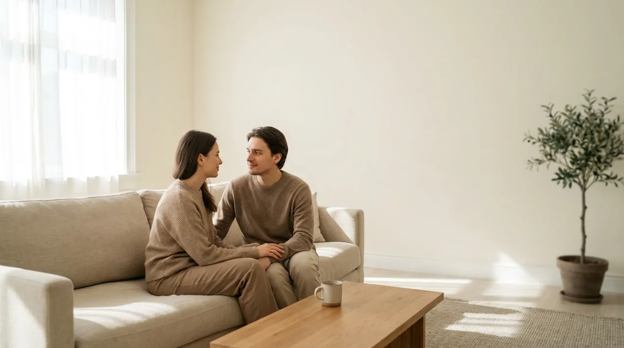 Warm, connected couple in a peaceful setting