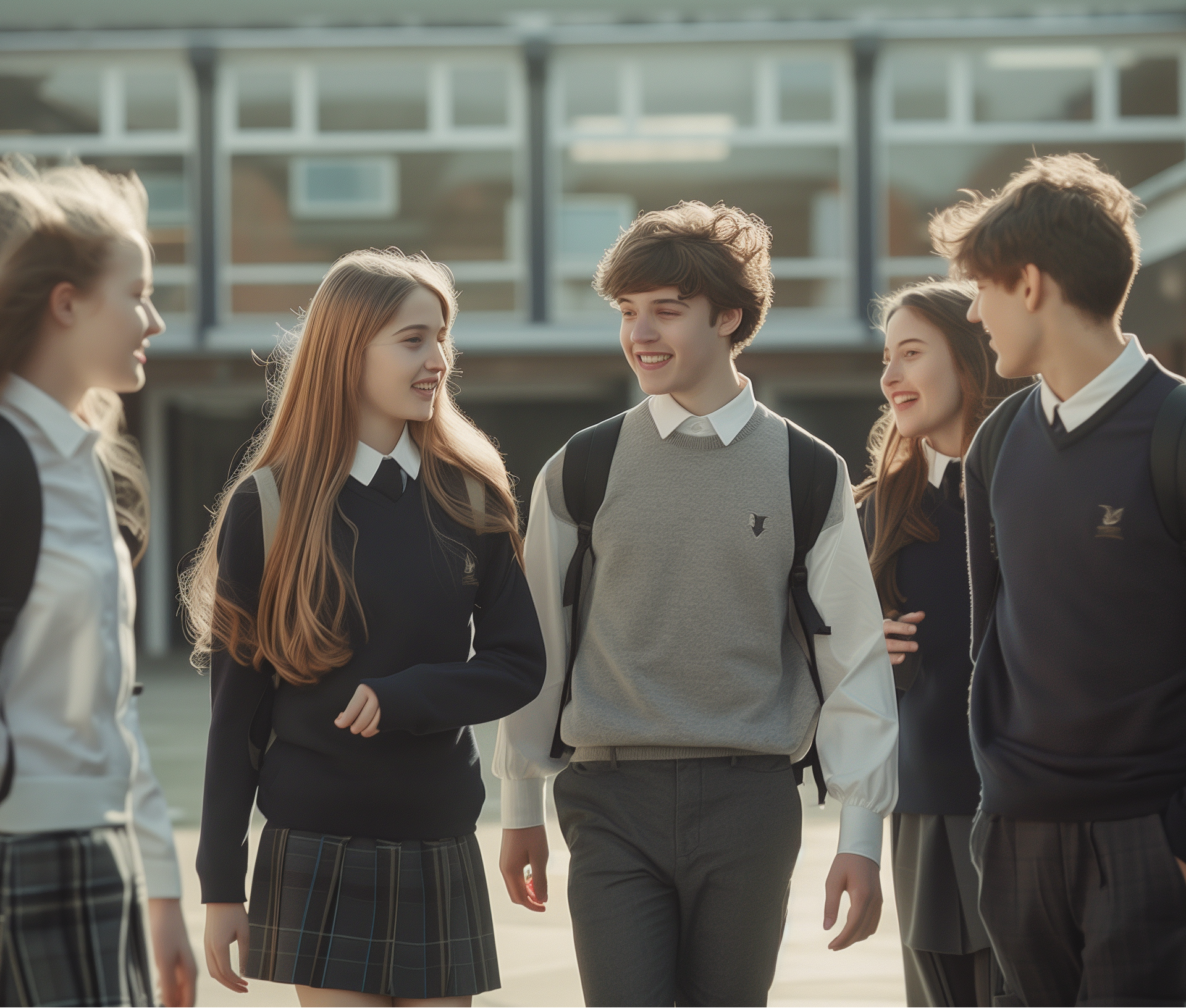 Group of five teenagers in school uniforms standing outdoors, possibly on a school campus.