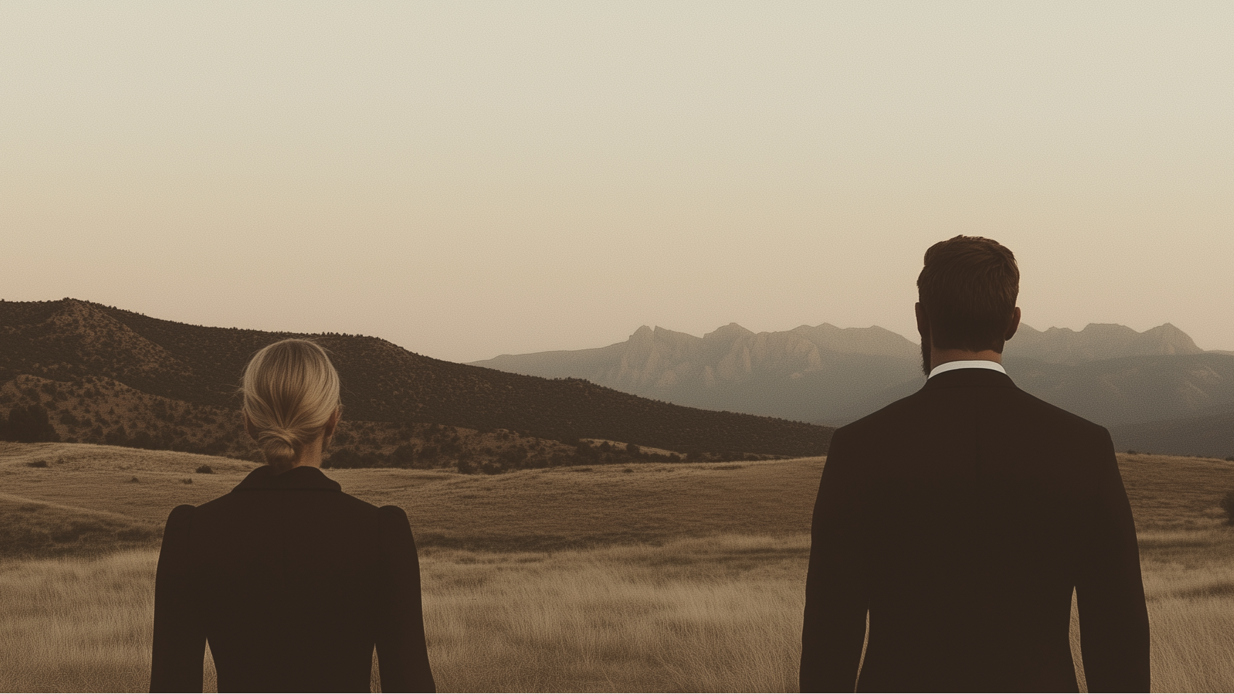 Two people in formal attire standing in a desert landscape with mountains in the background.