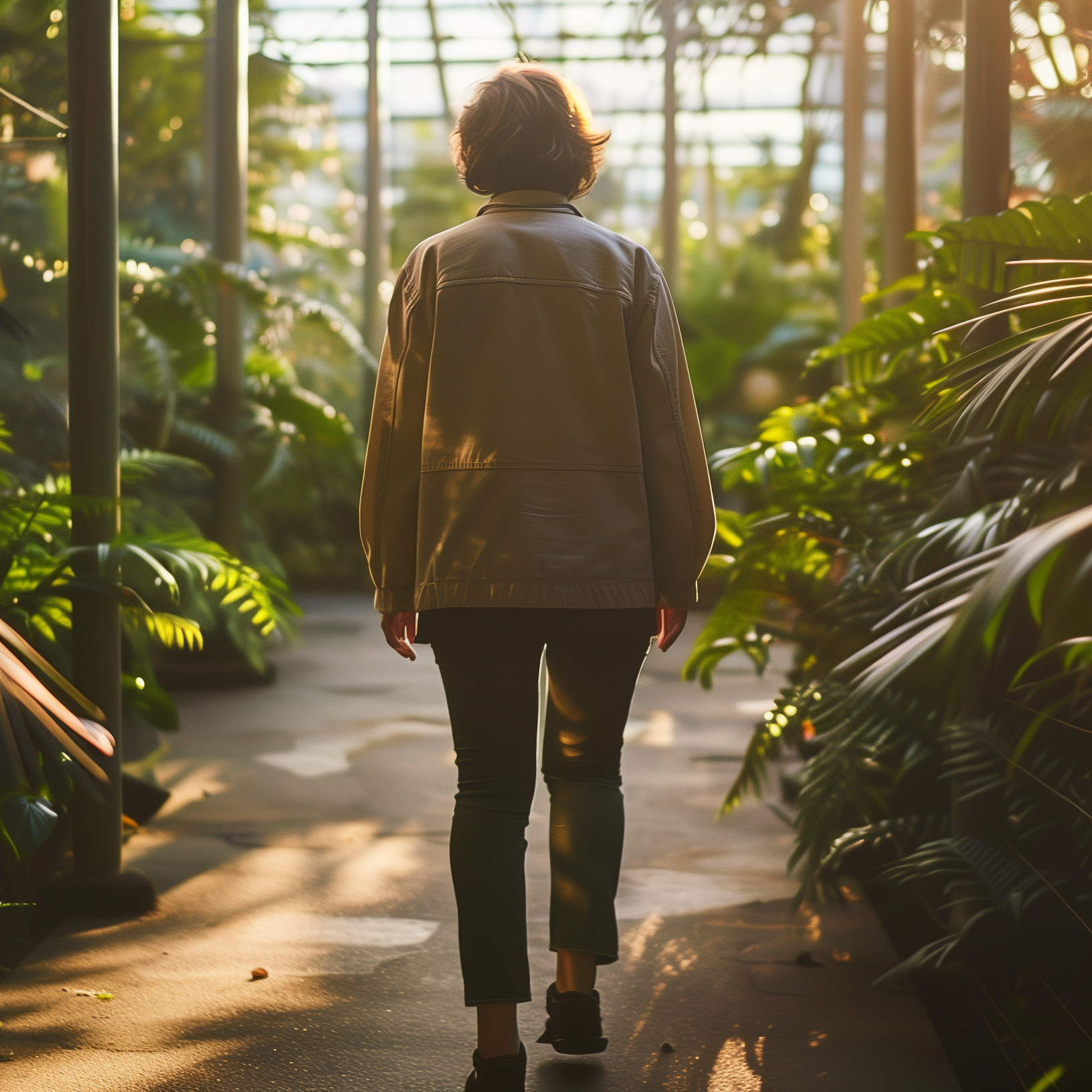 Person walking through a lush greenhouse filled with tropical plants