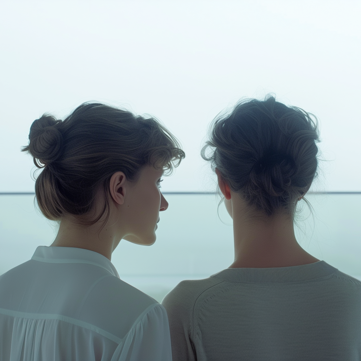 Two people standing side by side looking out a large window with a light blue sky.